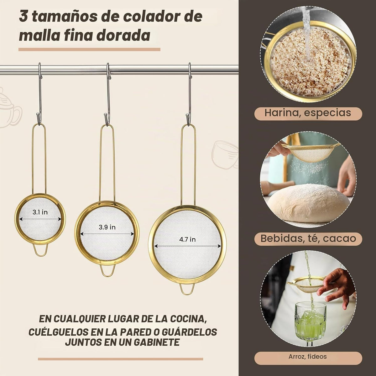 Baderke 7 piezas de accesorios de cocina dorados, incluye colador d...