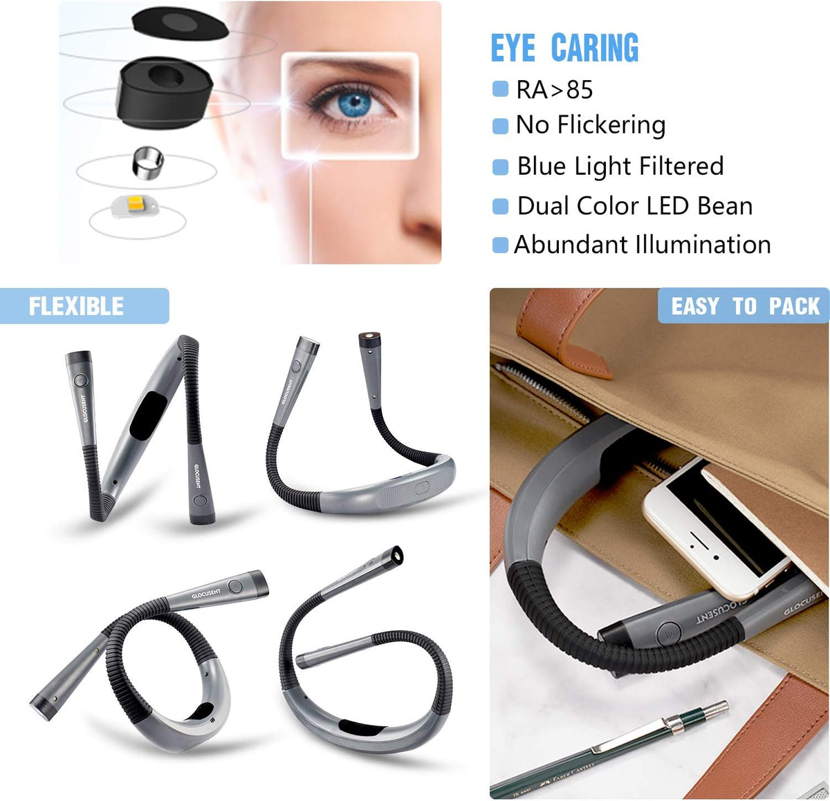 Glocusent Luz de libro, luz de cuello flexible, luz de clip para le...