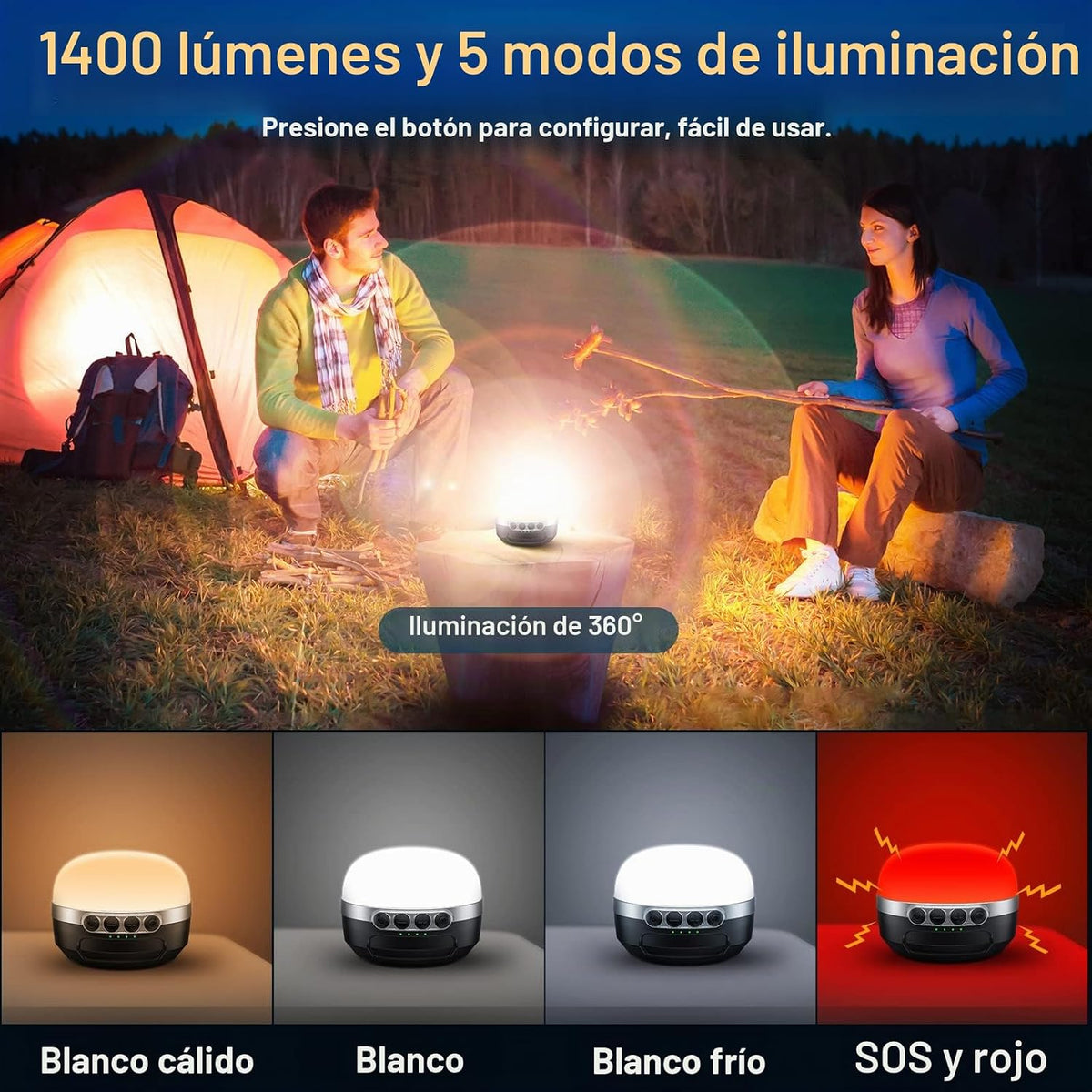 ZMNT Linterna LED de camping recargable 1400LM, hasta 420H de tiemp...