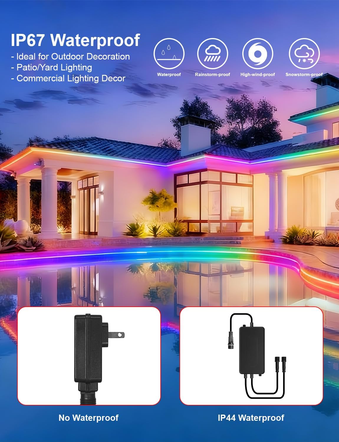 Tiras de luces LED COB de 40 pies para exteriores RGB Smart IC IP67...