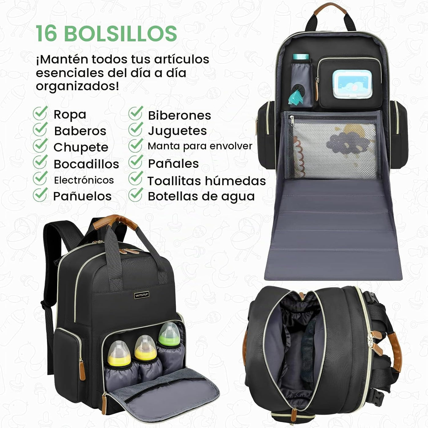 WITSTEP Mochila para pañales con cambiador, organizador de bolsas d...