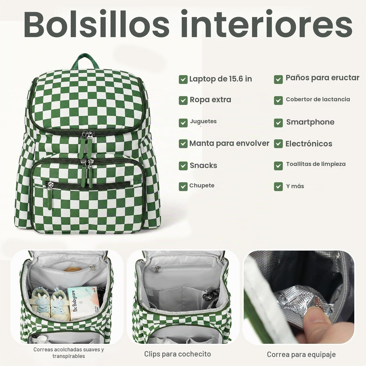 FHELAD Mochila de pañales a cuadros con cambiador y clips para coch...