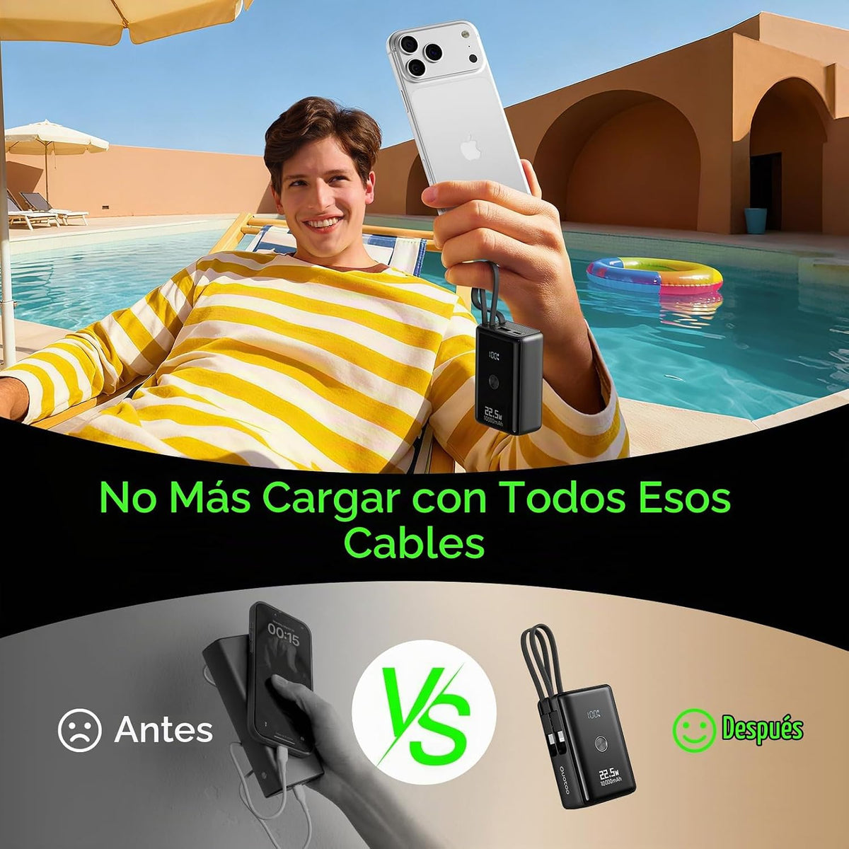 Cargador portátil de nanotecnología 10000mAh con 2 cables incorpora...