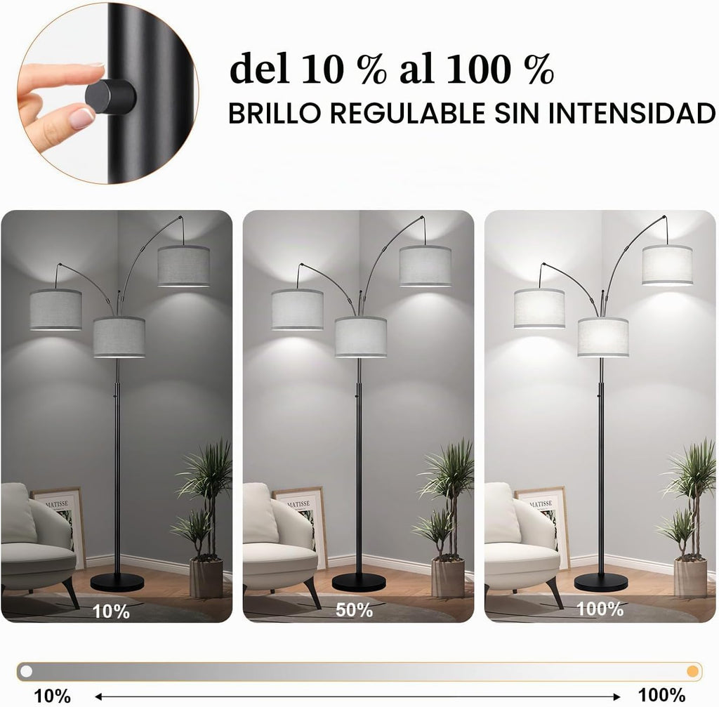 Lámpara de pie regulable, lámpara de pie de arco negro de 3 luces,...