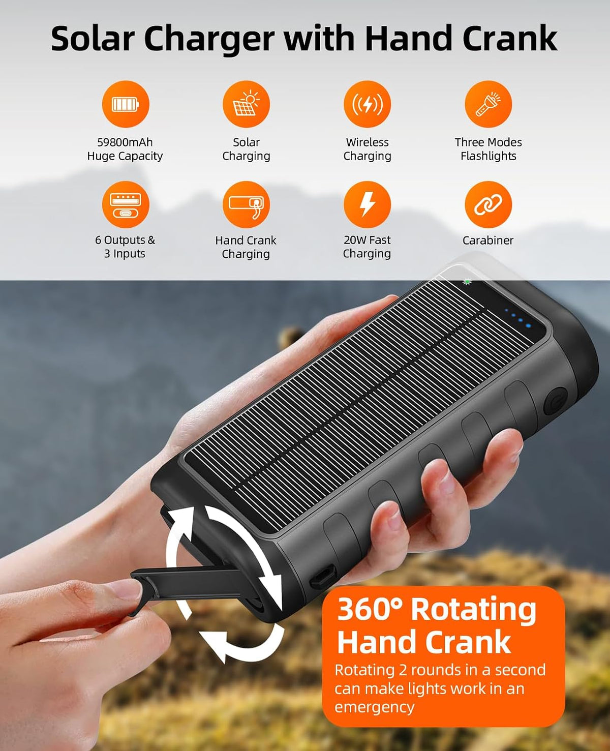 Cargador Solar Power Bank 59800mAh, 6 salidas y manivela, uso de em...