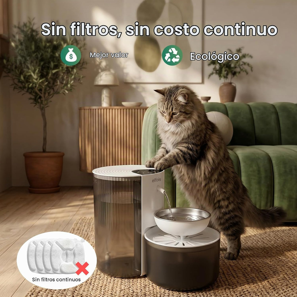 Elfois Fuente de agua para gatos sin filtro, dispensador de agua re...