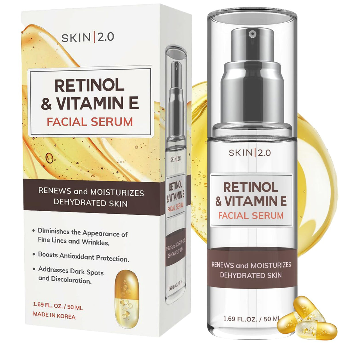 Skin 2.0 Suero facial de retinol y vitamina E - 1.69 onzas líquidas...
