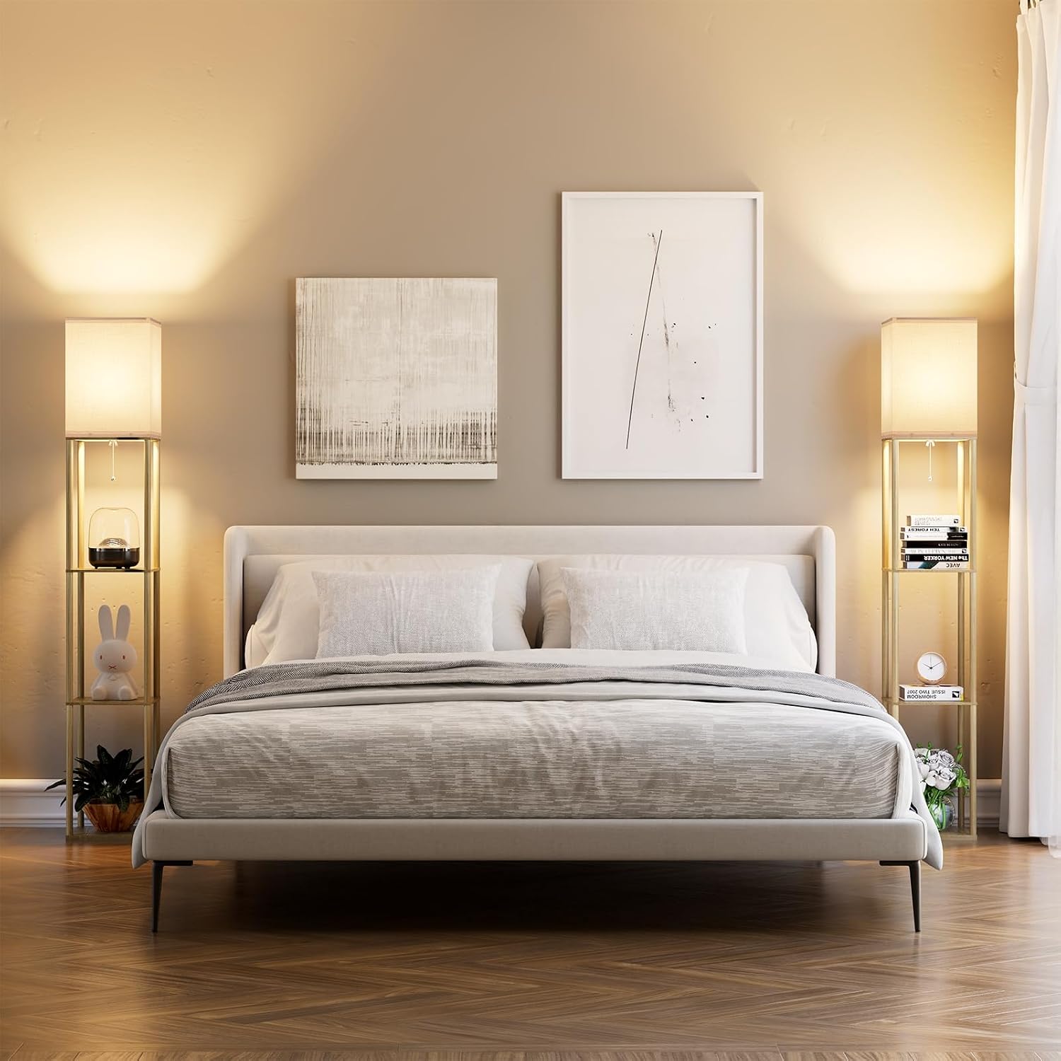 PARTPHONER Lámpara de pie con estantes para sala de estar, madera n...
