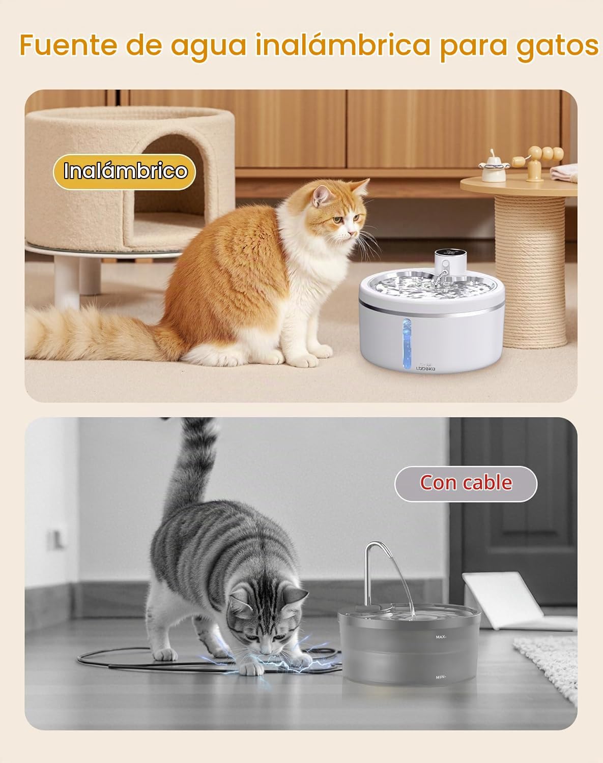 Fuente de agua inalámbrica para gatos [con bandeja de acero inoxida...