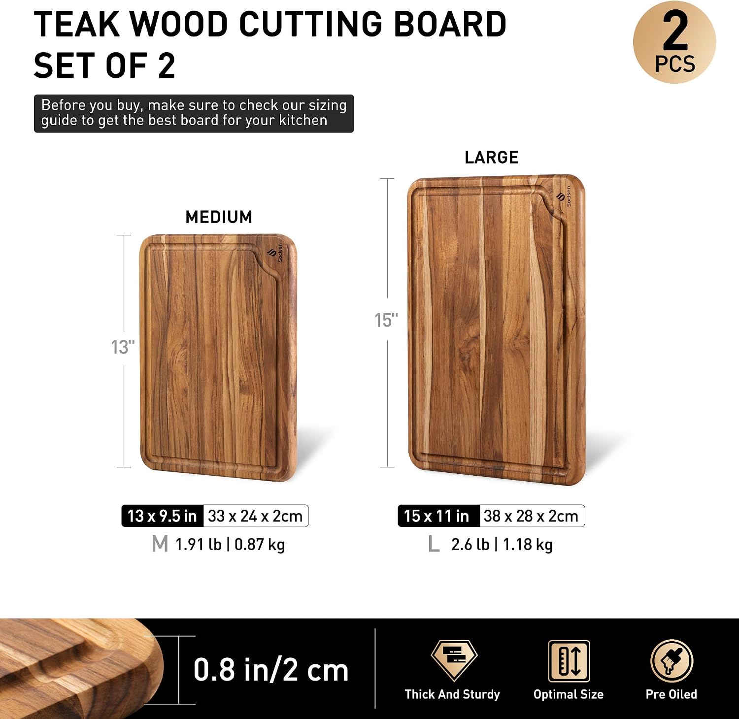 Paquete de 2 tablas de cortar de teca para cocina, tabla de cortar...
