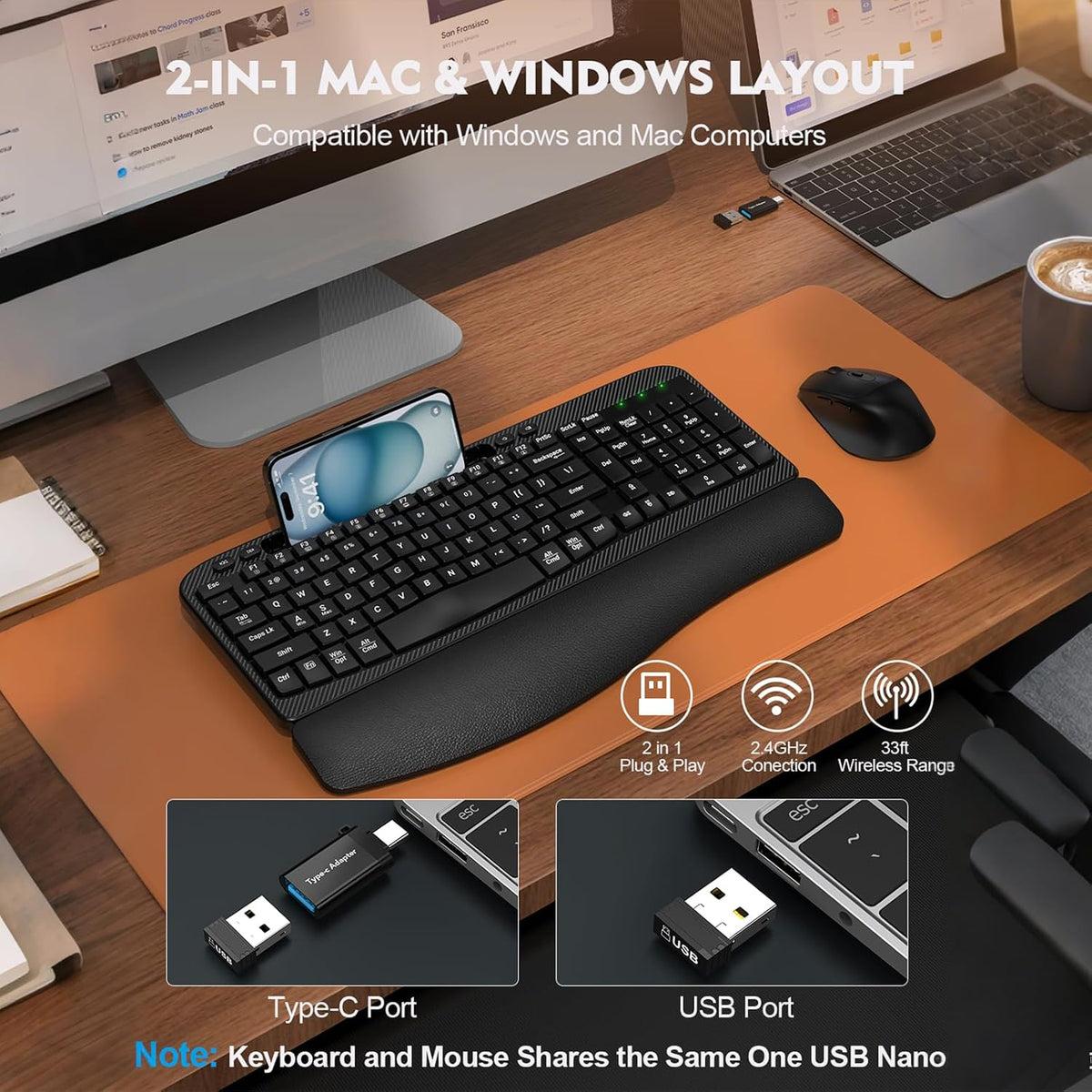 Juego de teclado y mouse inalámbrico, teclas de onda de tamaño comp...