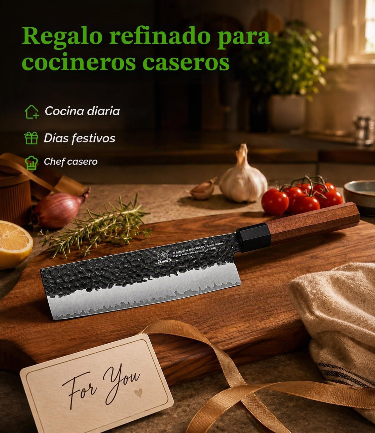 FAMCÜTE Cuchillo japonés Nakiri de 7 pulgadas, cuchillo de cocina d...