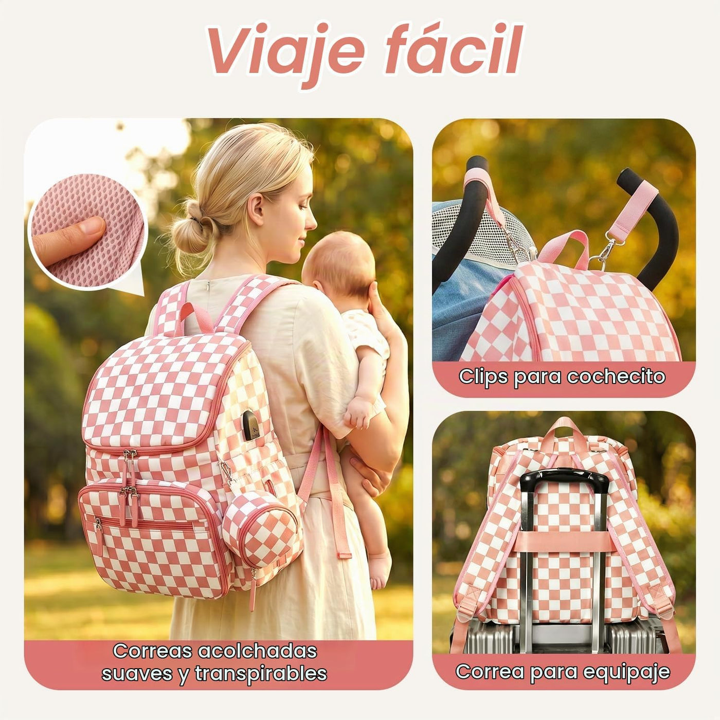 FHELAD Mochila de pañales a cuadros con cambiador y clips para coch...