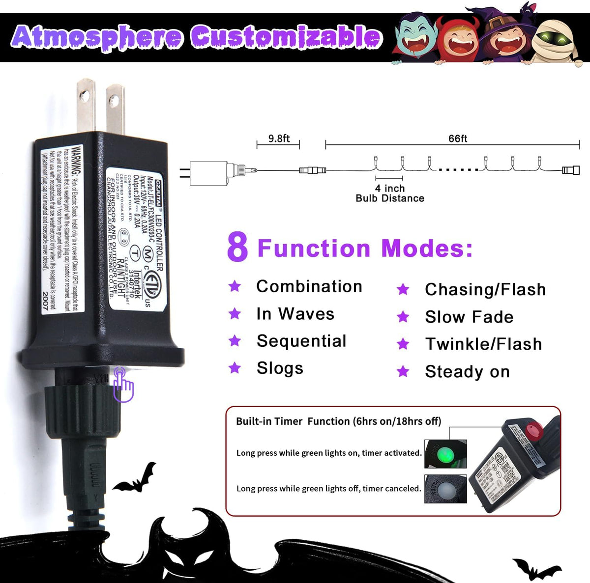 JMEXSUSS 250 luces LED moradas de Halloween, luces moradas conectab...