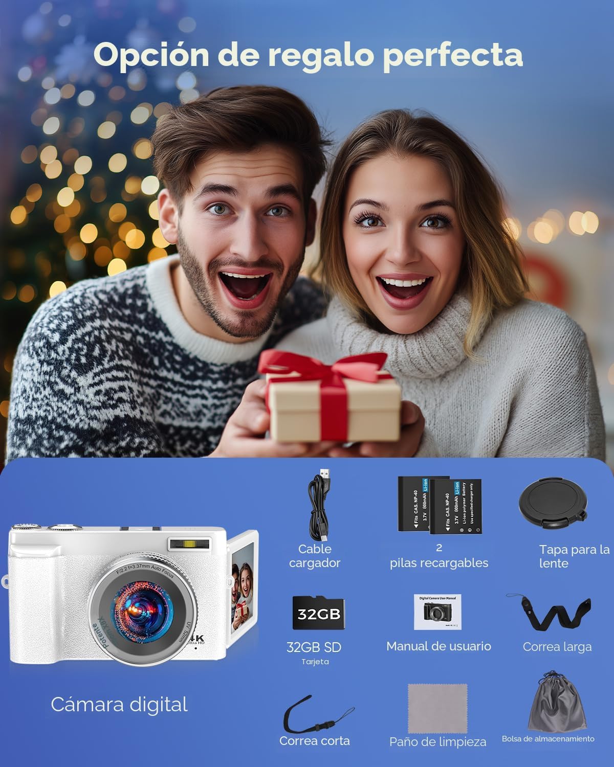Cámara digital de 64MP mejorada 2026 4K WiFi 180° con pantalla abat...