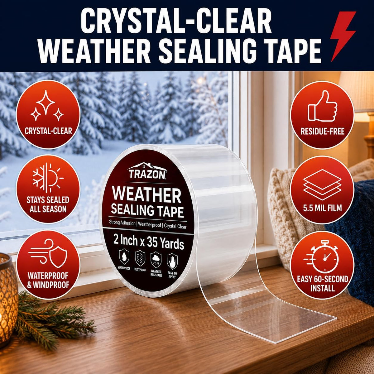Cinta aislante ultra transparente para ventanas, 2 pulgadas x 35 ya...