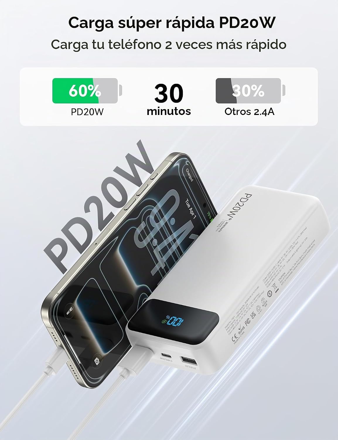Nusyddy Cargador portátil 20000mAh con 4 cables incorporados y 6 sa...