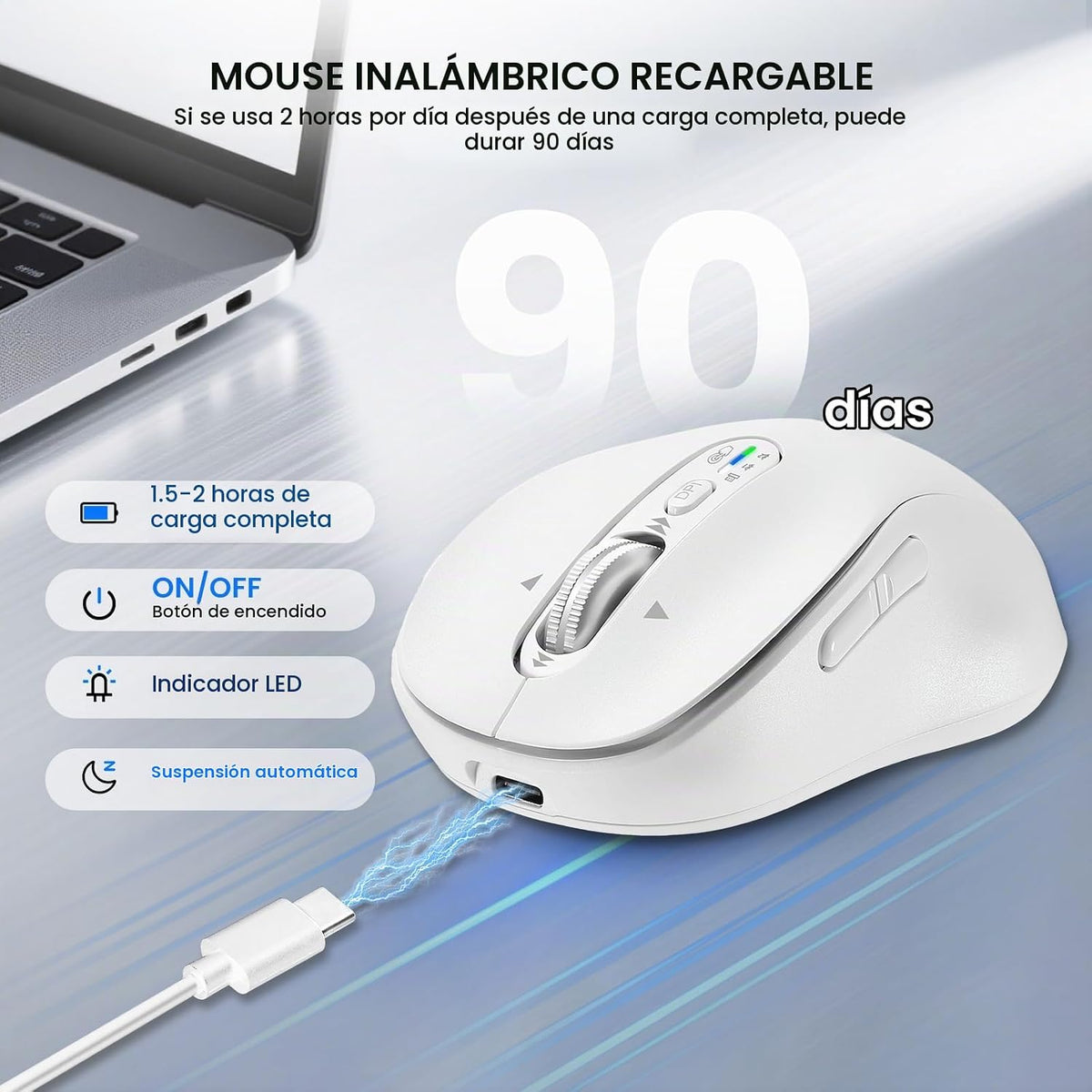 Ratón inalámbrico Bluetooth recargable, USB+BT×2, silencioso, ergon...