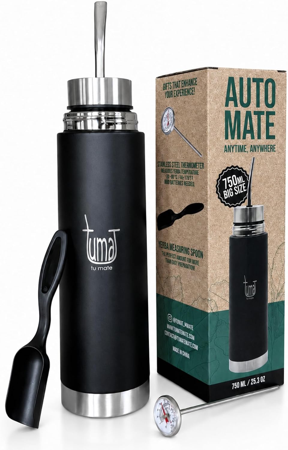 Mate Listo Automate – Botella Aislada Auto Mate con Caño | Sistema Auto-Sirviente Fluvion para Yerba Mate | Dos regalos | 750 ml Acero Inoxidable | Kit Automático de Mate Argentino
