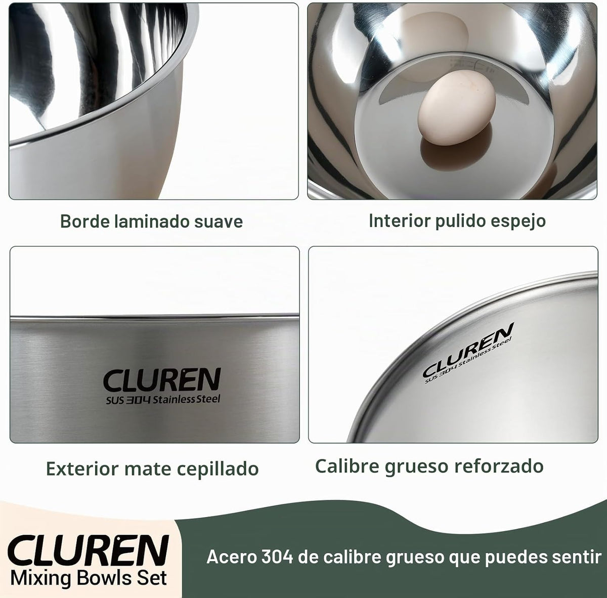 Juego de tazones para mezclar de acero inoxidable Cluren 304, 3 pie...