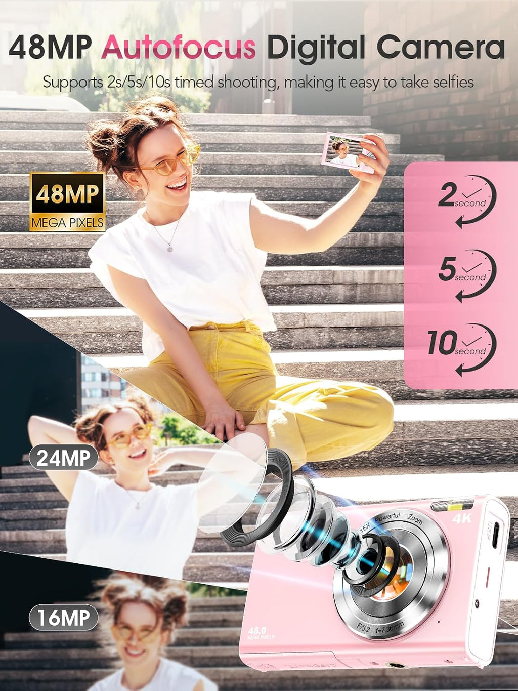 Cámara digital, cámara de videoblogs 4K con enfoque automático para...