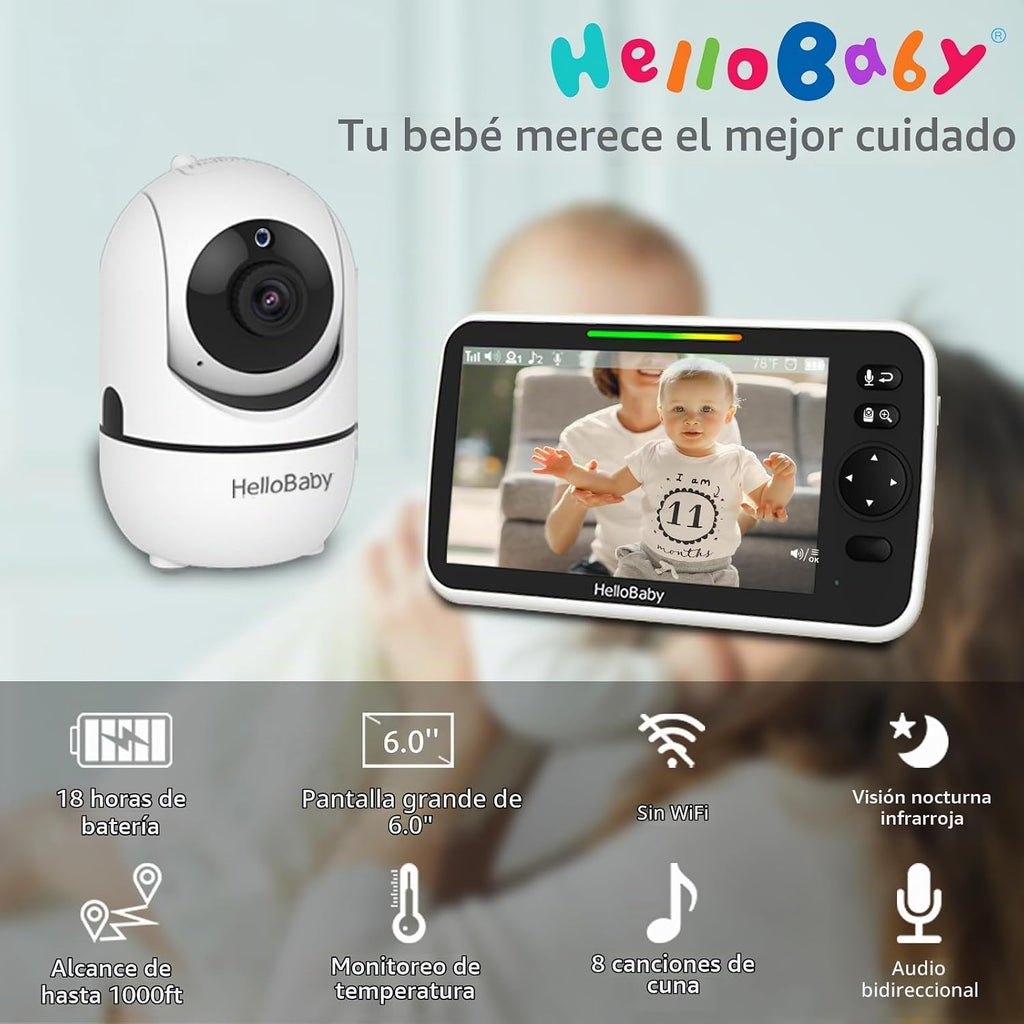 HelloBaby - Monitor de bebé con video de 6'' de pantalla di...