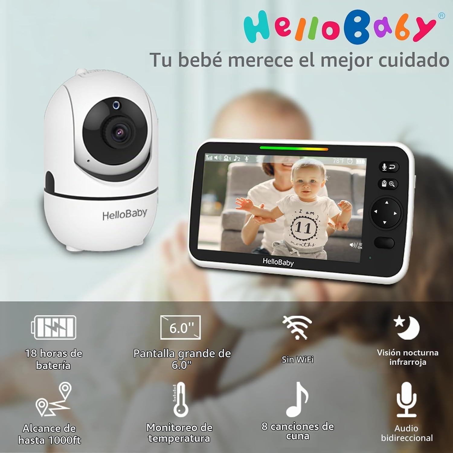 HelloBaby - Monitor de bebé con video de 6'' de pantalla di...