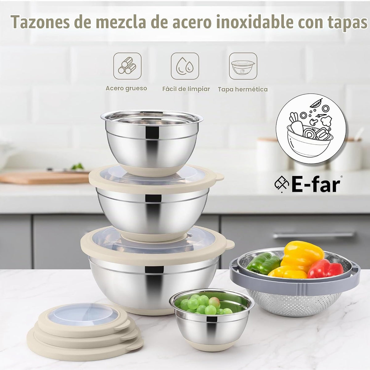 E-far - Juego de tazones para mezclar con tapas, 15 piezas de acero...