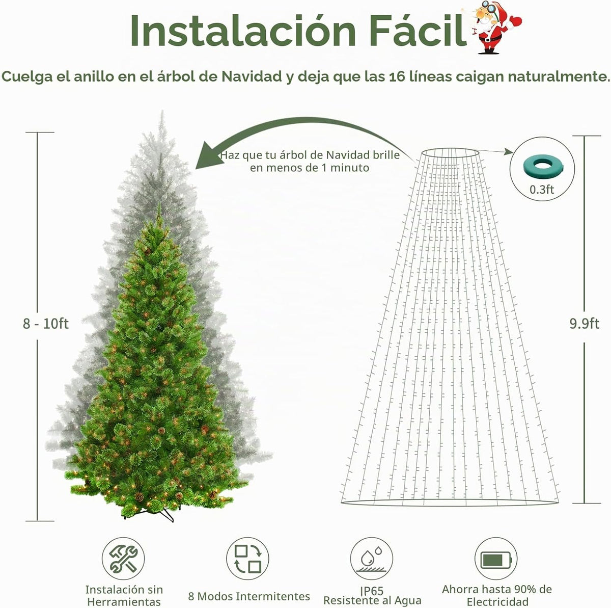 VIL Luces para árbol de Navidad con anillo, 9.9 pies, 16 líneas, 54...