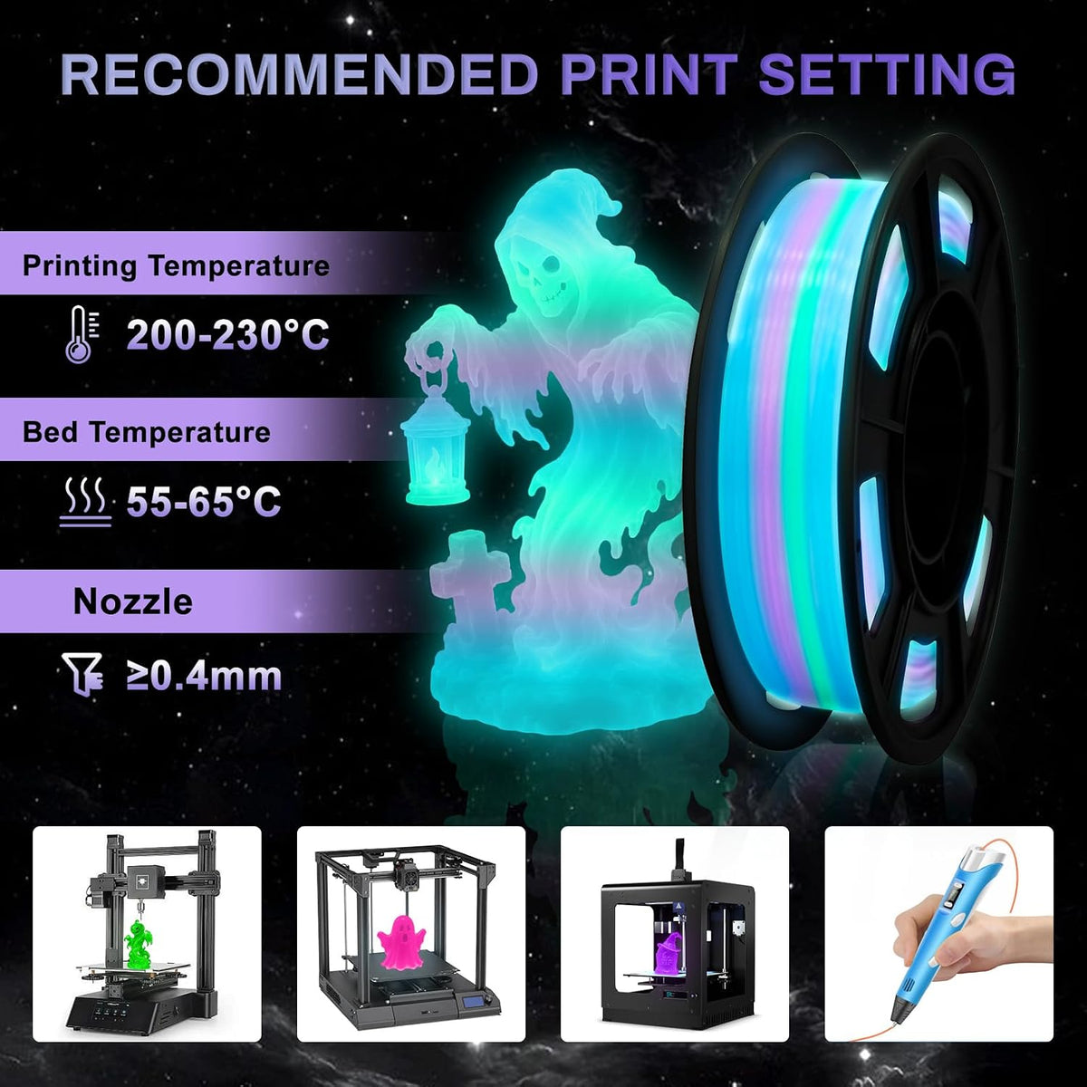 Colourbing Filamento PLA + para impresora 3D que brilla en la oscur...