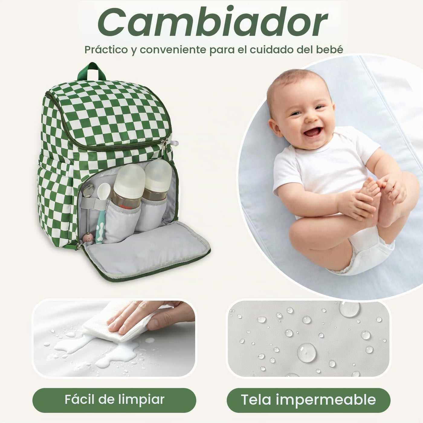 FHELAD Mochila de pañales a cuadros con cambiador y clips para coch...