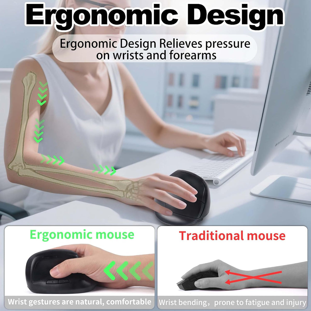 Ratón inalámbrico Bluetooth, ergonómico, vertical, recargable, sile...