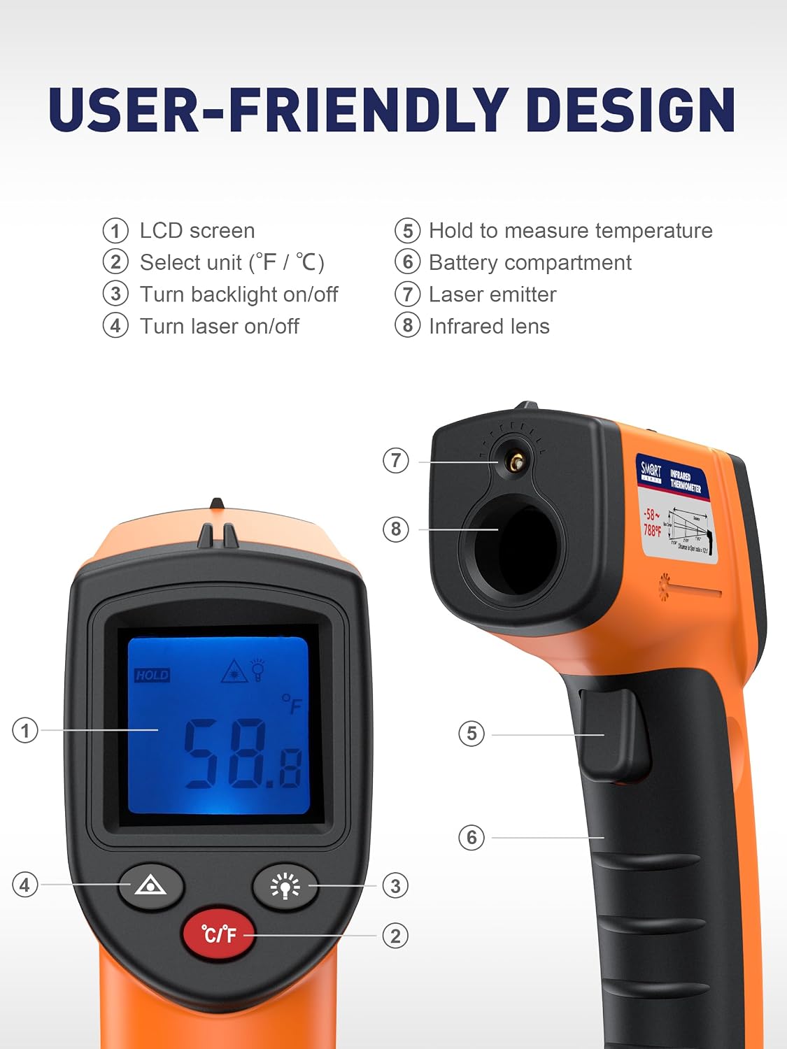 Pistola de termómetro infrarrojo, rango de -58 °F a 788 °F (no para...