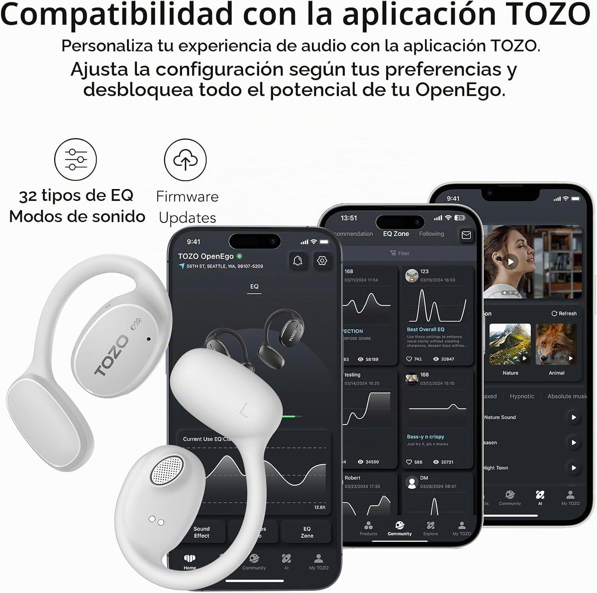 TOZO OpenEgo Auriculares abiertos 80H Bluetooth 5.3 Auriculares dep...
