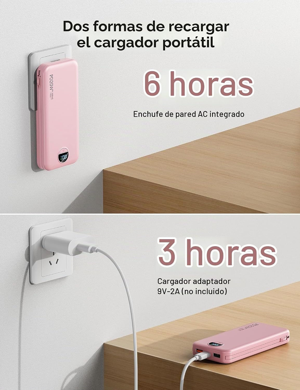 Cargador portátil Power Bank 10000mAh con cables integrados y enchu...