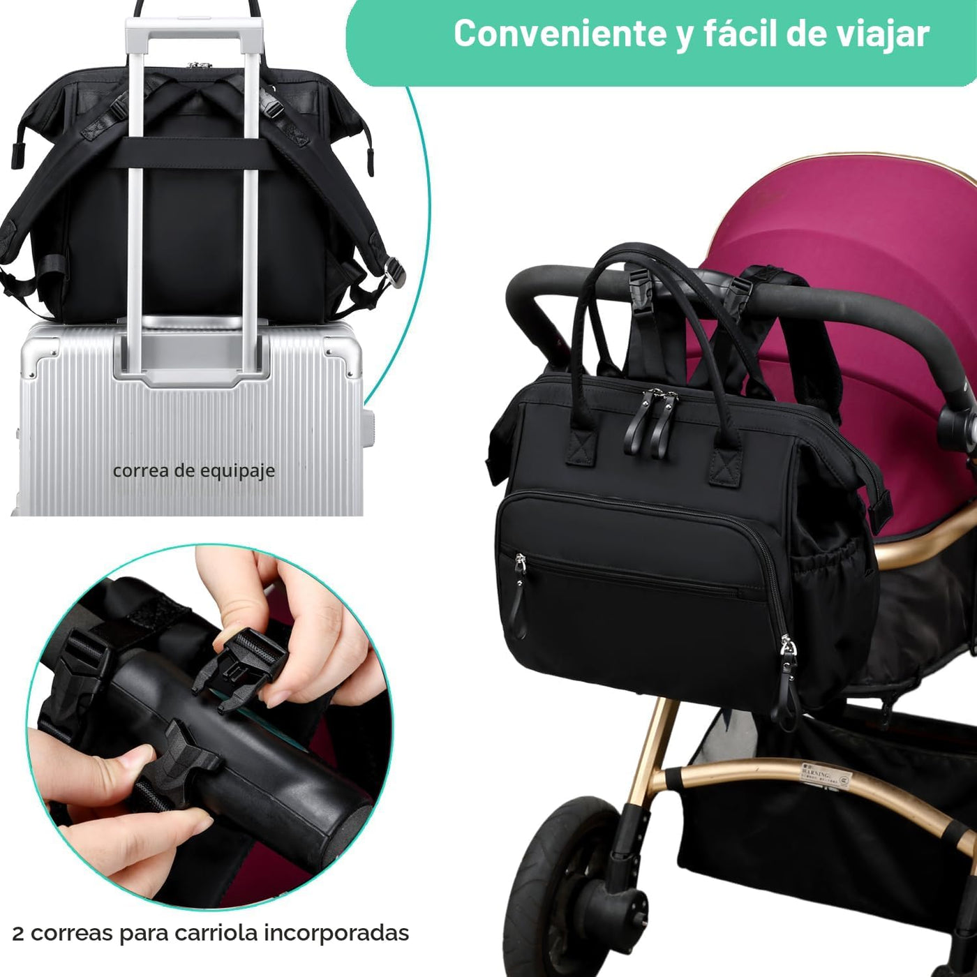 LORADI Bolsa de pañales grande (negro, grande, 20L) | 14 bolsillos,...
