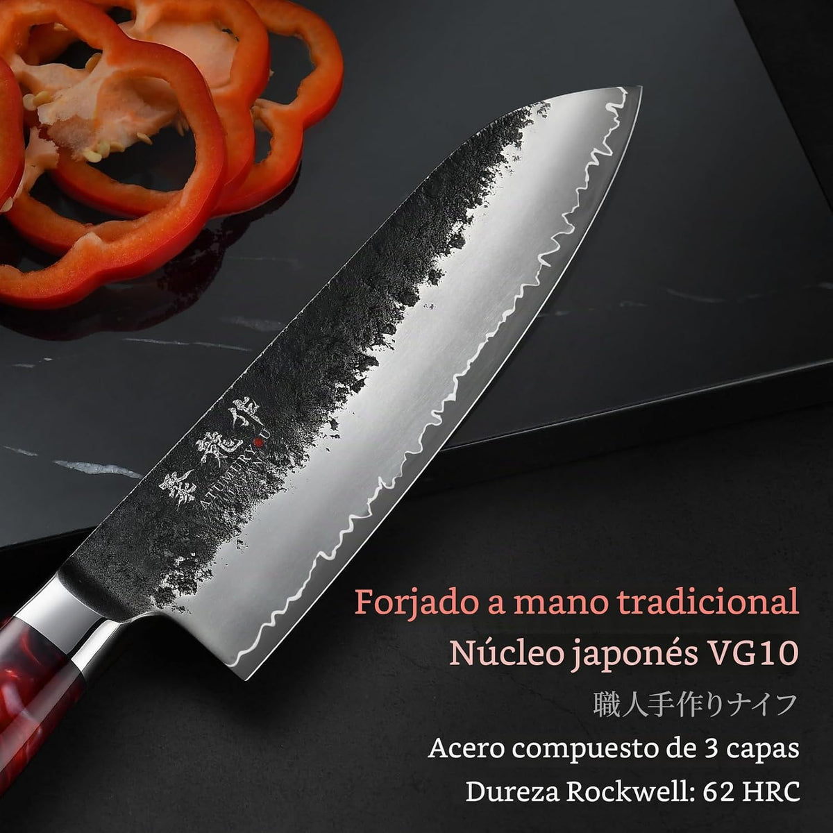 Cuchillo de chef japonés, cuchillo Santoku forjado a mano de 7 pulg...