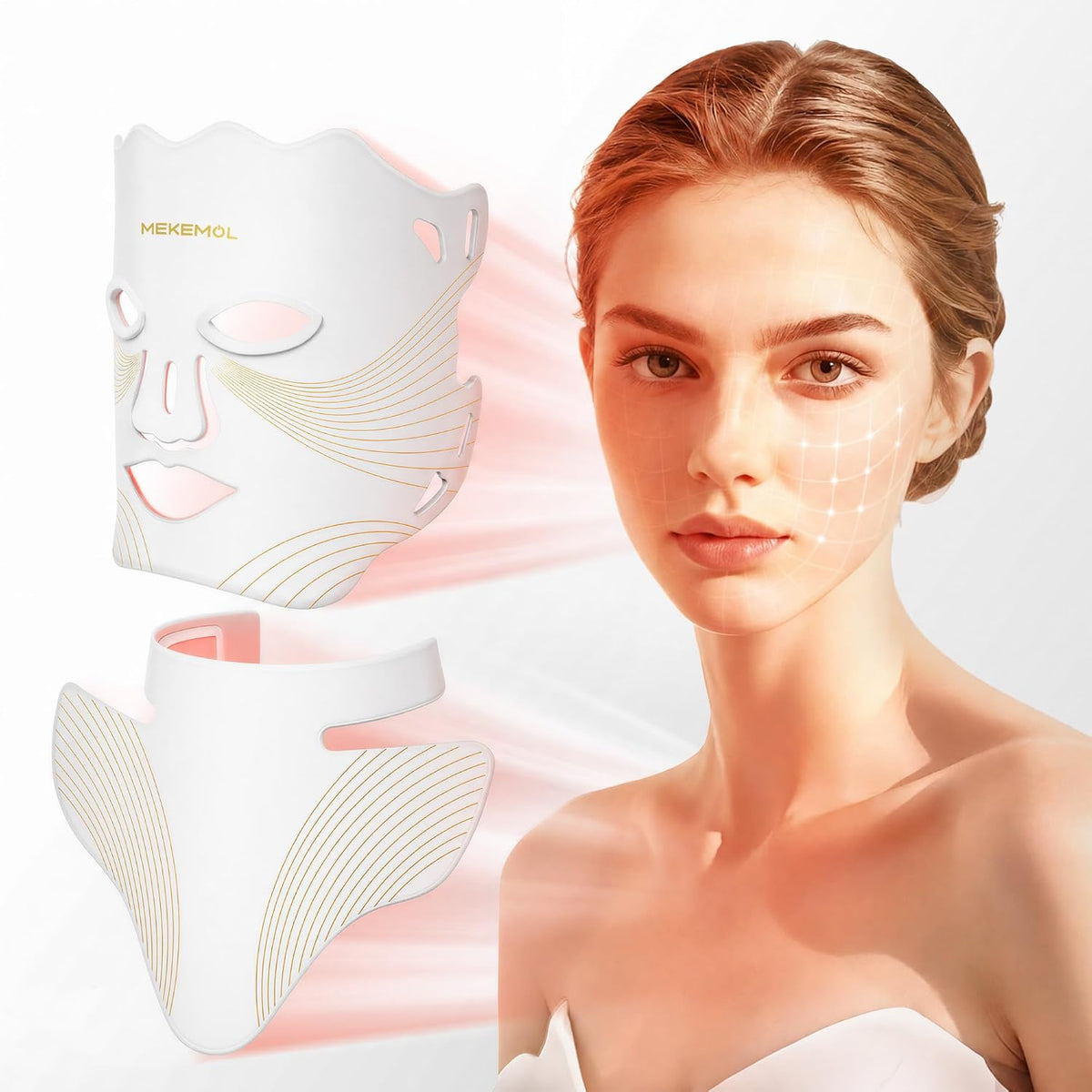 MEKEMOL Máscara de luz roja para cara y cuello con protección ocula...