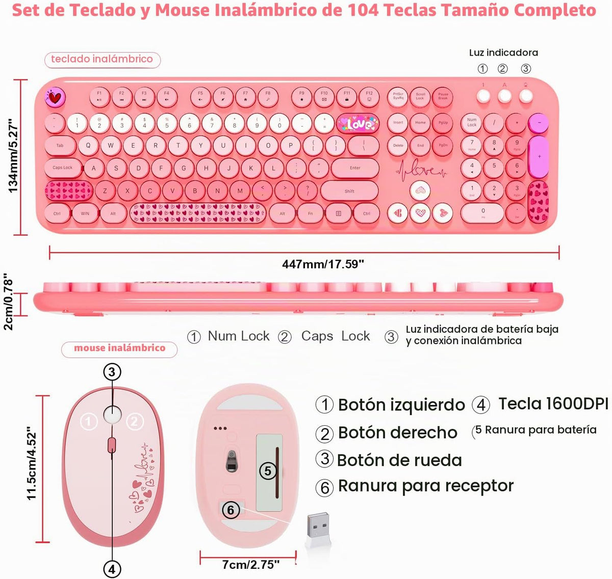 Teclado y mouse inalámbricos, MOFII con 104 teclas redondas, teclad...
