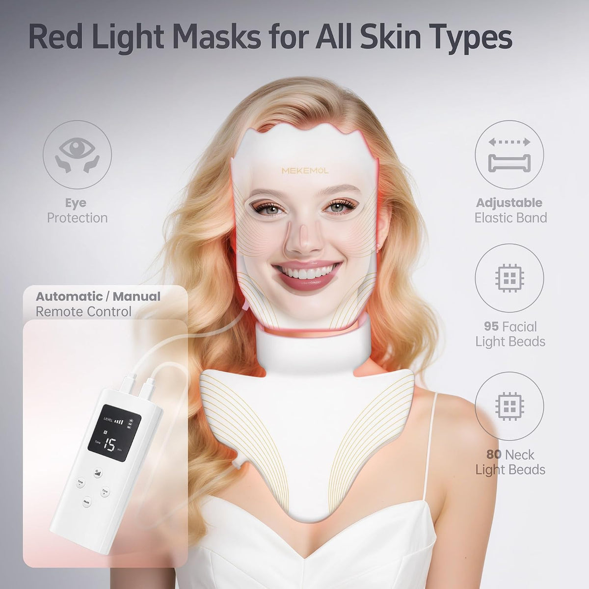 MEKEMOL Máscara de luz roja para cara y cuello con protección ocula...
