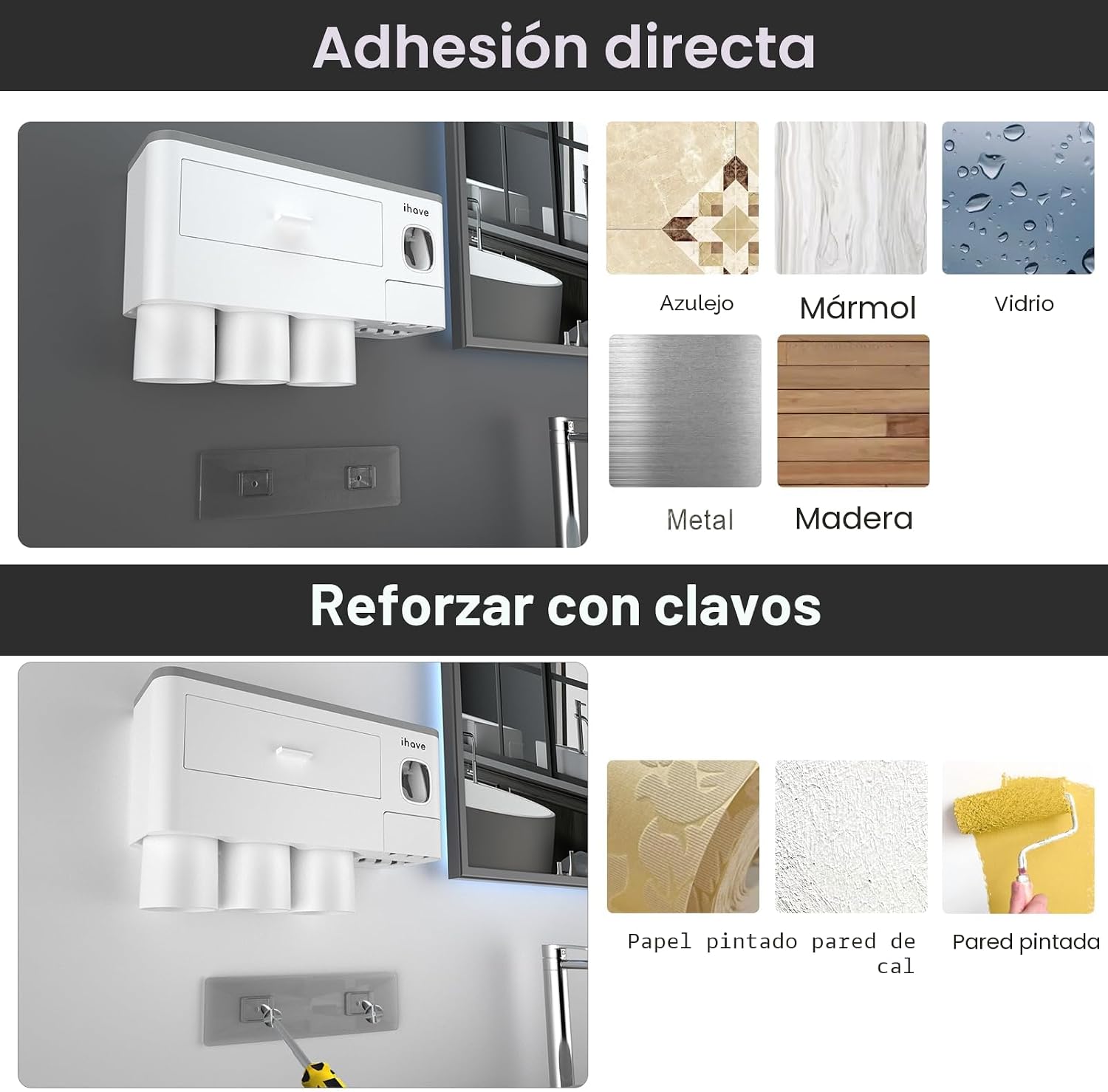 iHave Soportes para cepillos de dientes montados en la pared con |...