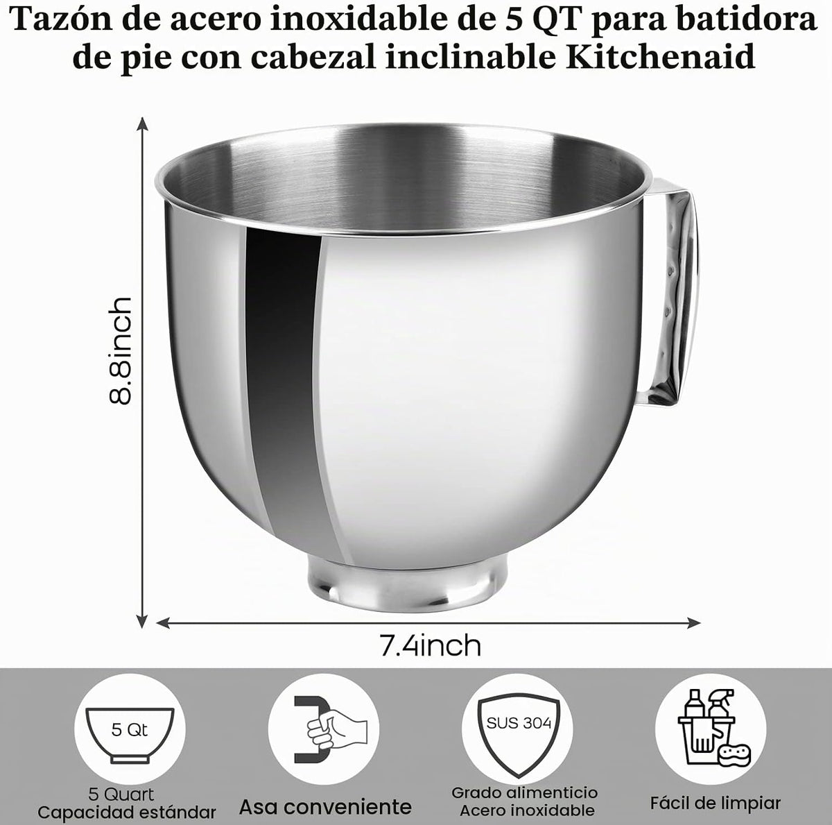 Tazón de acero inoxidable compatible con mezclador Kitchenaid de 4....