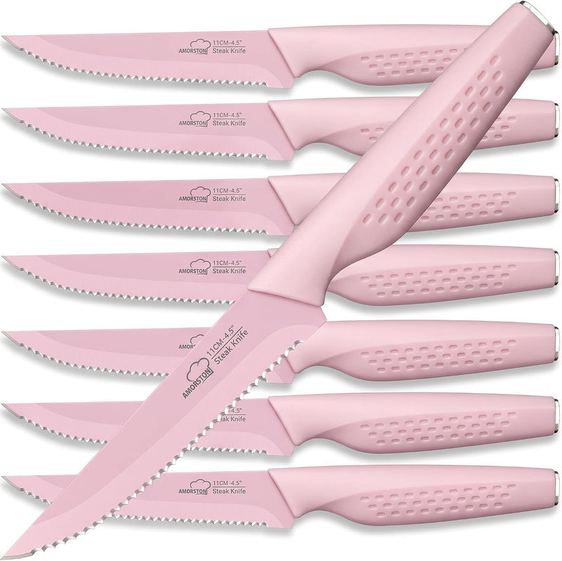 Amorston Juego de 8 cuchillos para carne de acero inoxidable rosado...