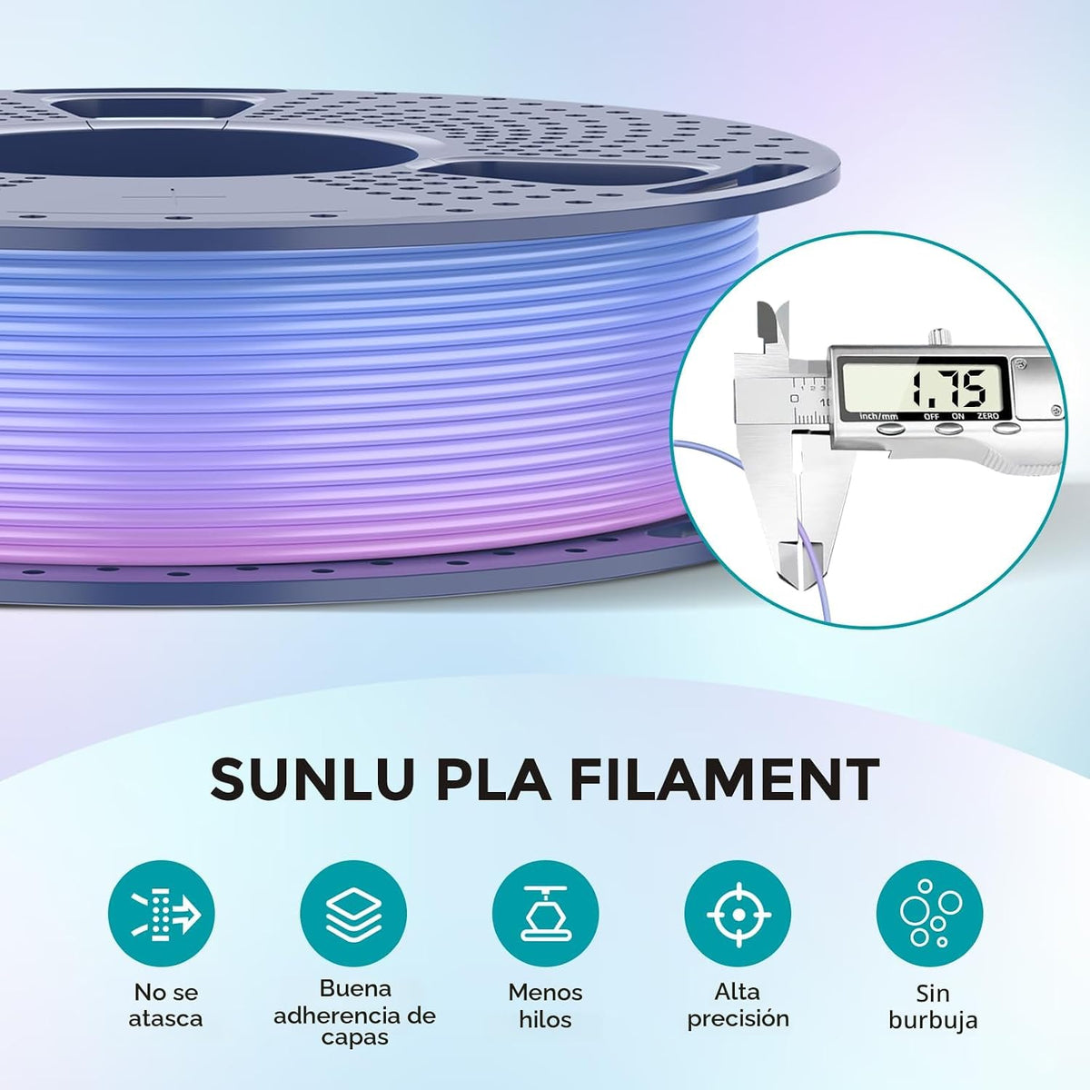 SUNLU Filamento de ácido poliláctico arcoíris, 8.82 oz, 1\/16 pulga...