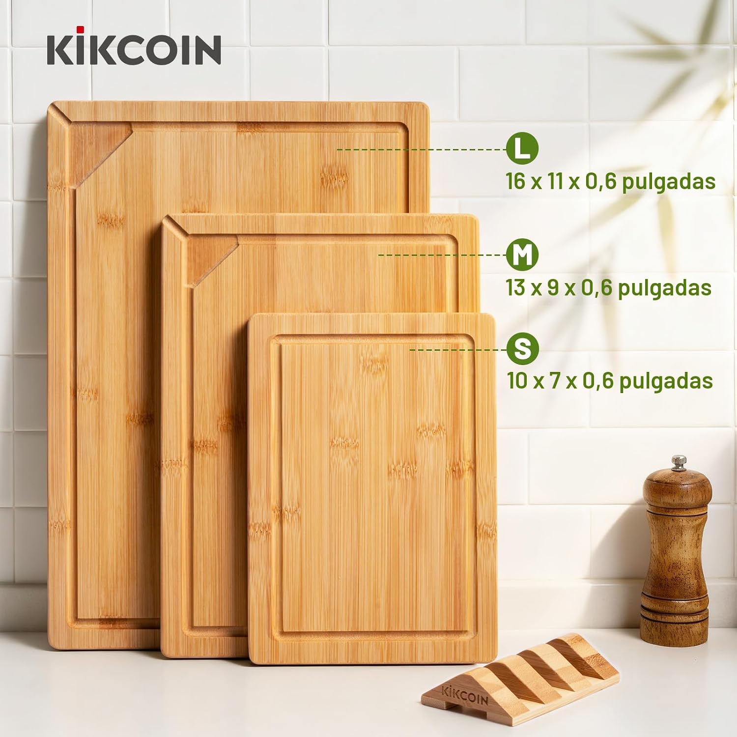 Kikcoin 3+1 tablas de cortar de bambú autodrenantes, tablas de cort...