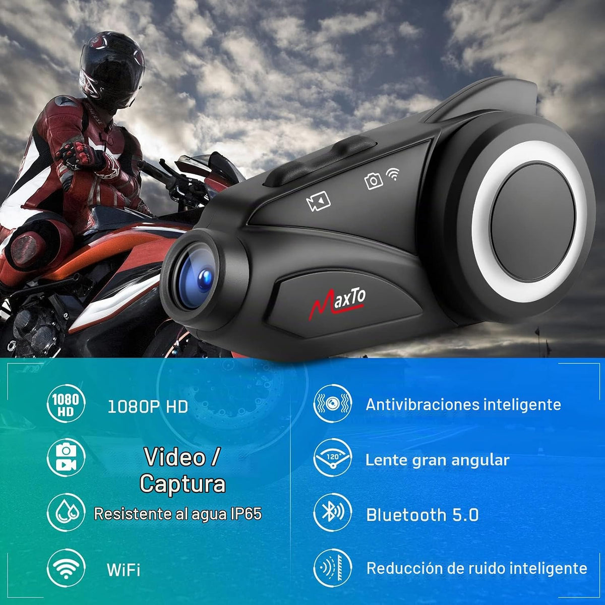 MAXTO Auriculares Bluetooth para Motocicleta con Cámara 1080P HD, M...