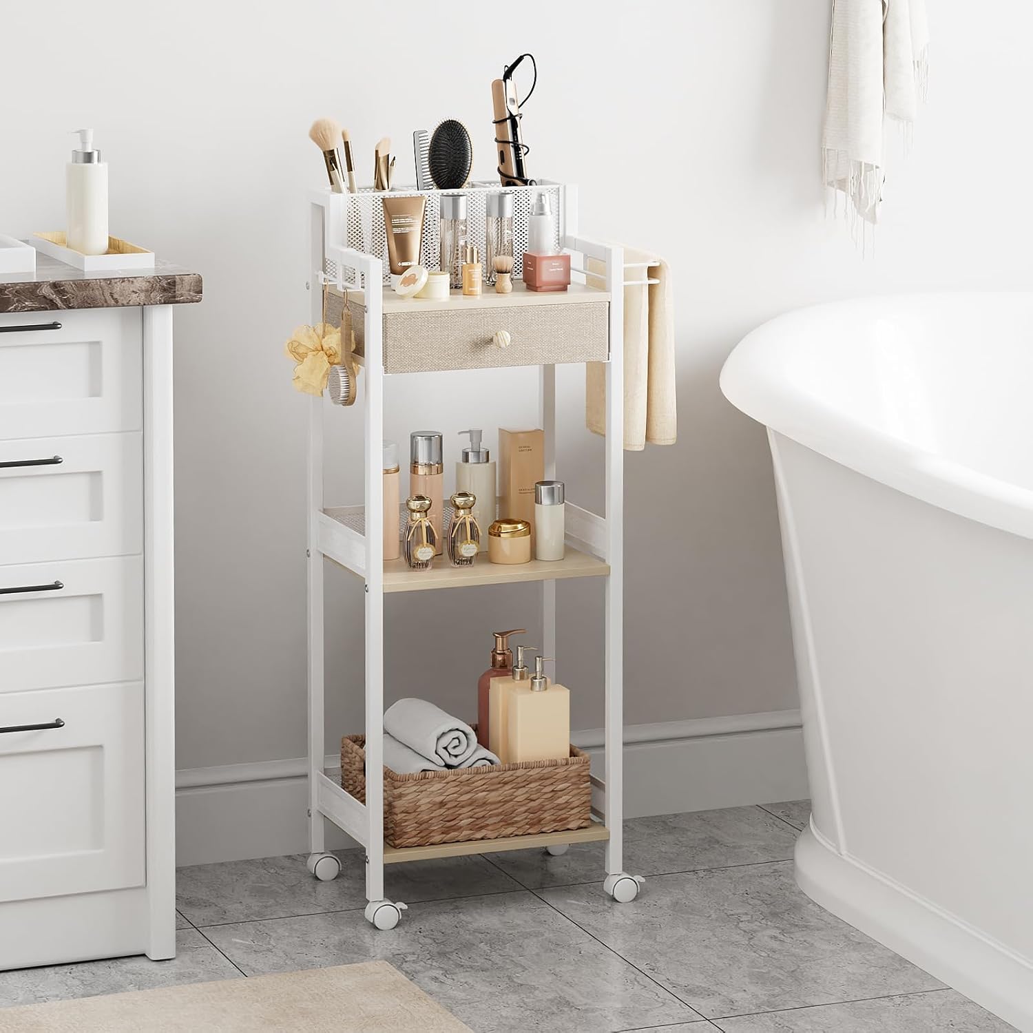 FURFUN Estante organizador de baño de 3 niveles con cajón, carrito...