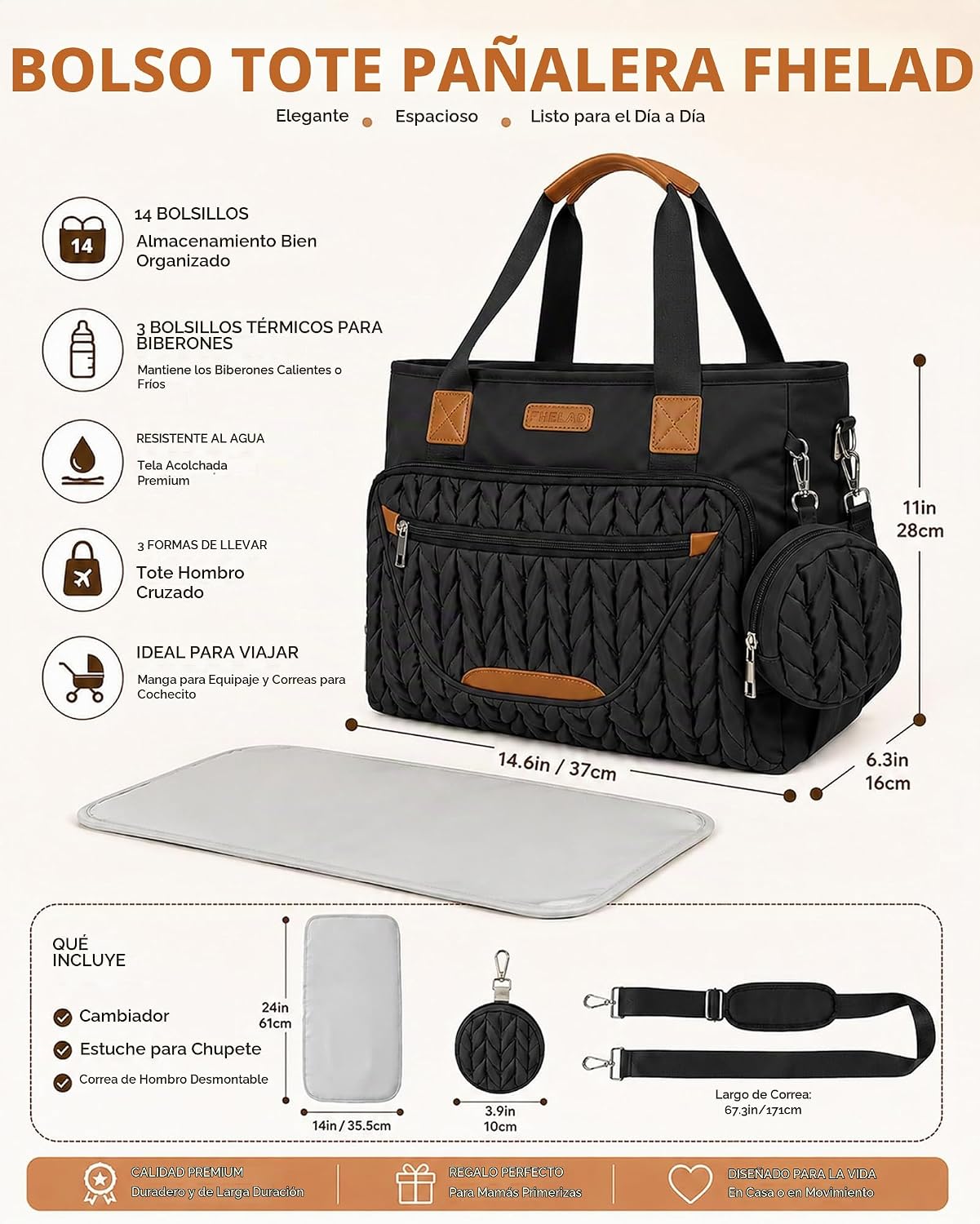 FHELAD Bolsa de pañales para mujer, bolsa de bebé con compartimento...