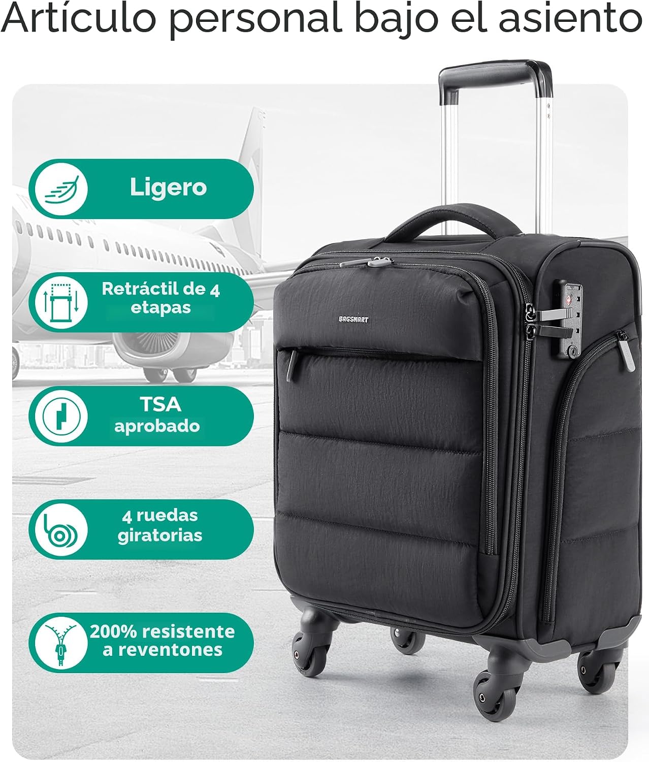 BAGSMART Equipaje de mano para debajo del asiento aprobado por aero...