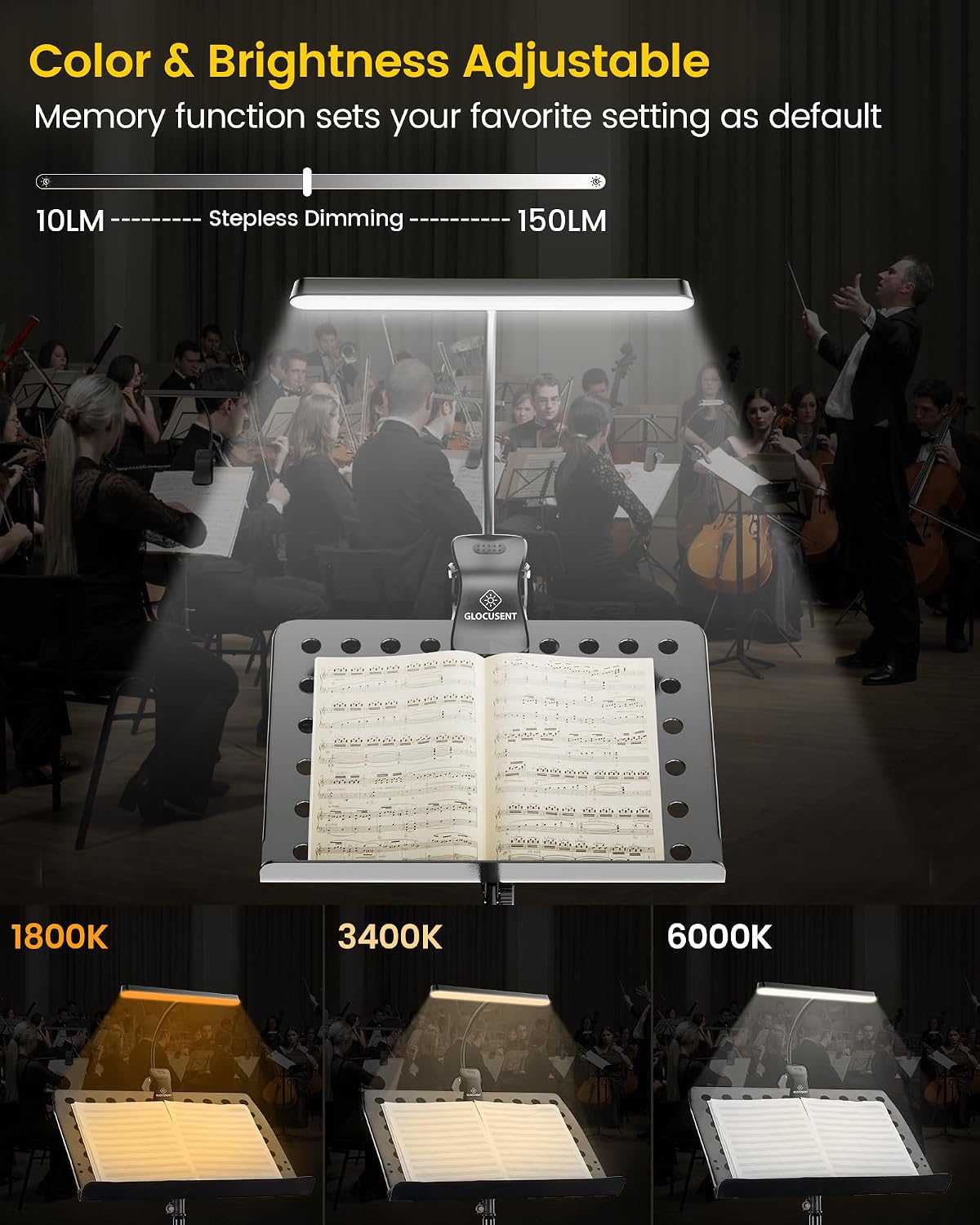 Glocusent Luz de soporte de música, luz de libro de tres cabezales...